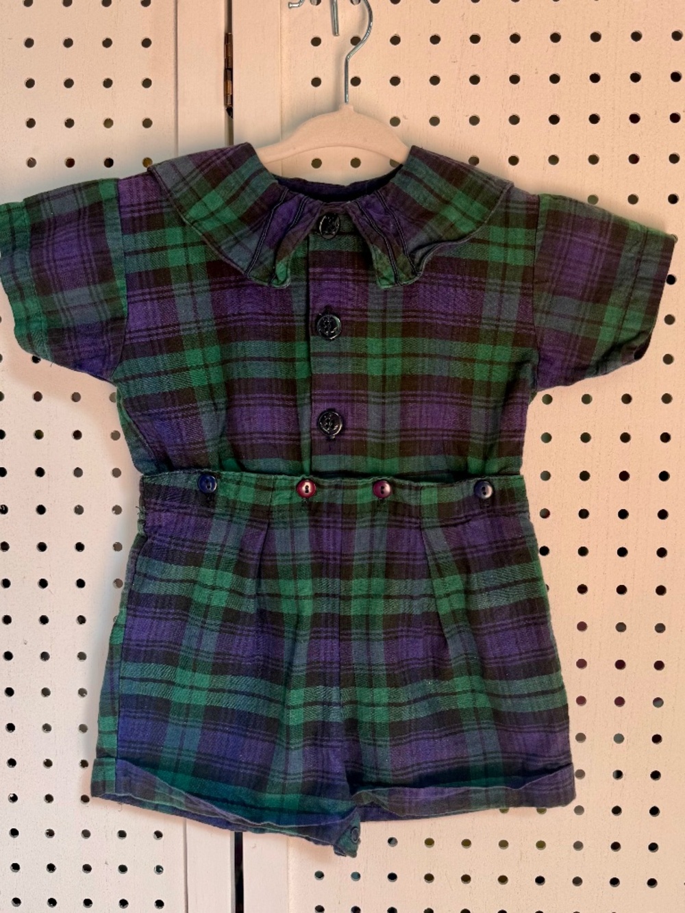 Vintage Hartstrings Baby 12M Green & Navy Plaid Sailor Collar Button-Suit / Romp
